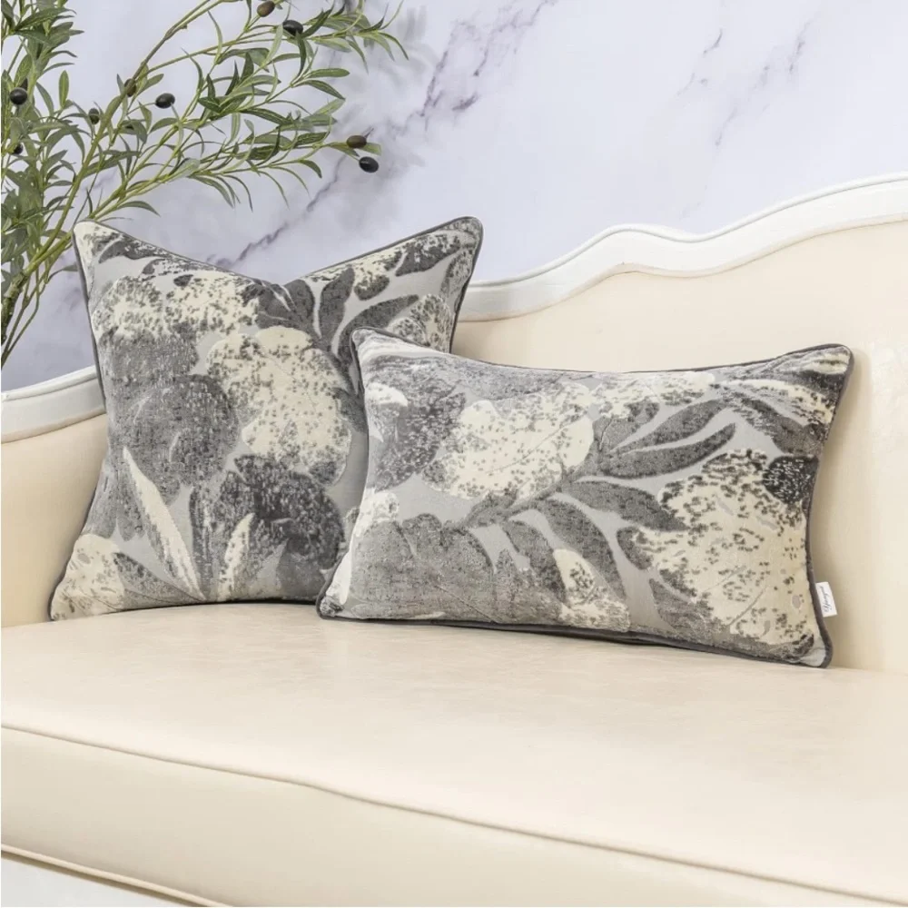 New Yangest Grey Monstera Leaf Velvet Throw PillowVintage Textured Cushion Case